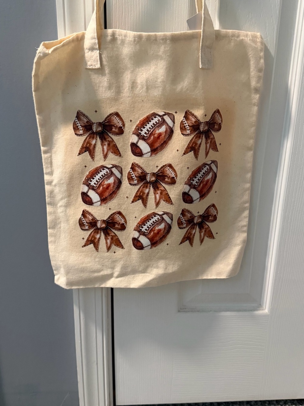 Canvas Tote Bag with Brown Football and Bow Print